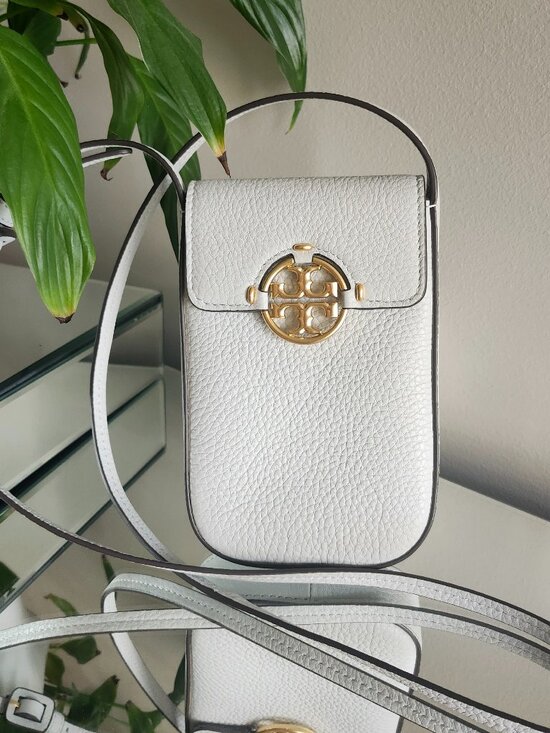 Tory Burch Handbags - Tory Burch Phone Crossbody Bag – Light Gray Leather – Gold Logo – EUC